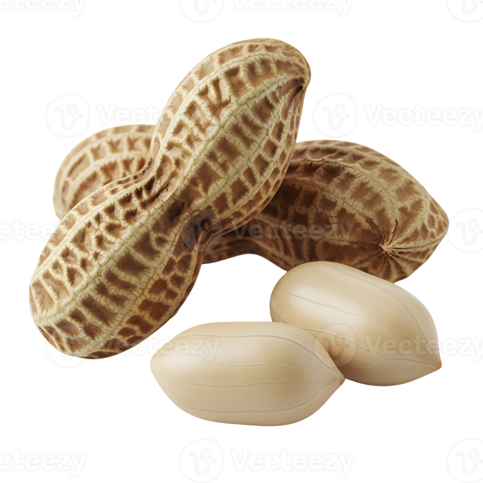 A group of peanuts, some shelled and some unshelled, are isolated on transparent background png