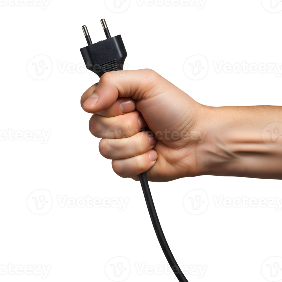 A hand holding a black electrical plug with cord isolated on transparent background png