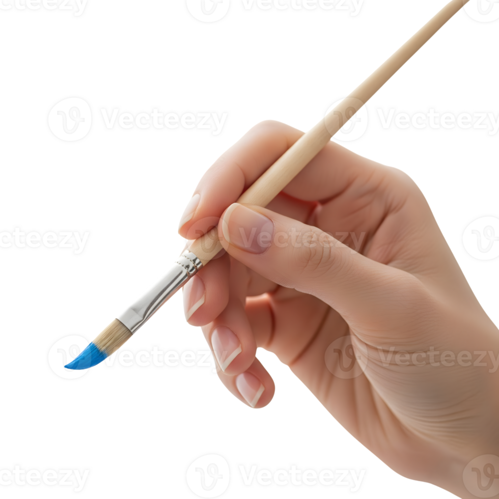 A hand holds a paintbrush with blue paint on a transparent background, ready to create art png