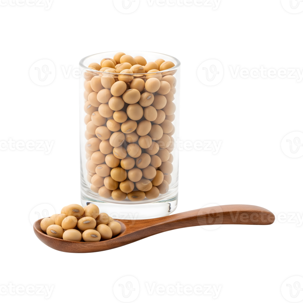 A glass full of soybeans with a wooden spoon isolated on transparent background showcases a healthy and natural food source png