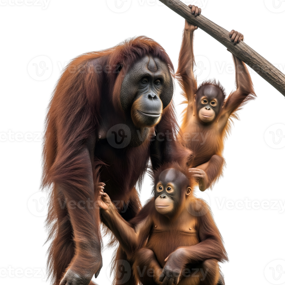 A family of orangutans, including a mother and two babies, isolated on transparent background png