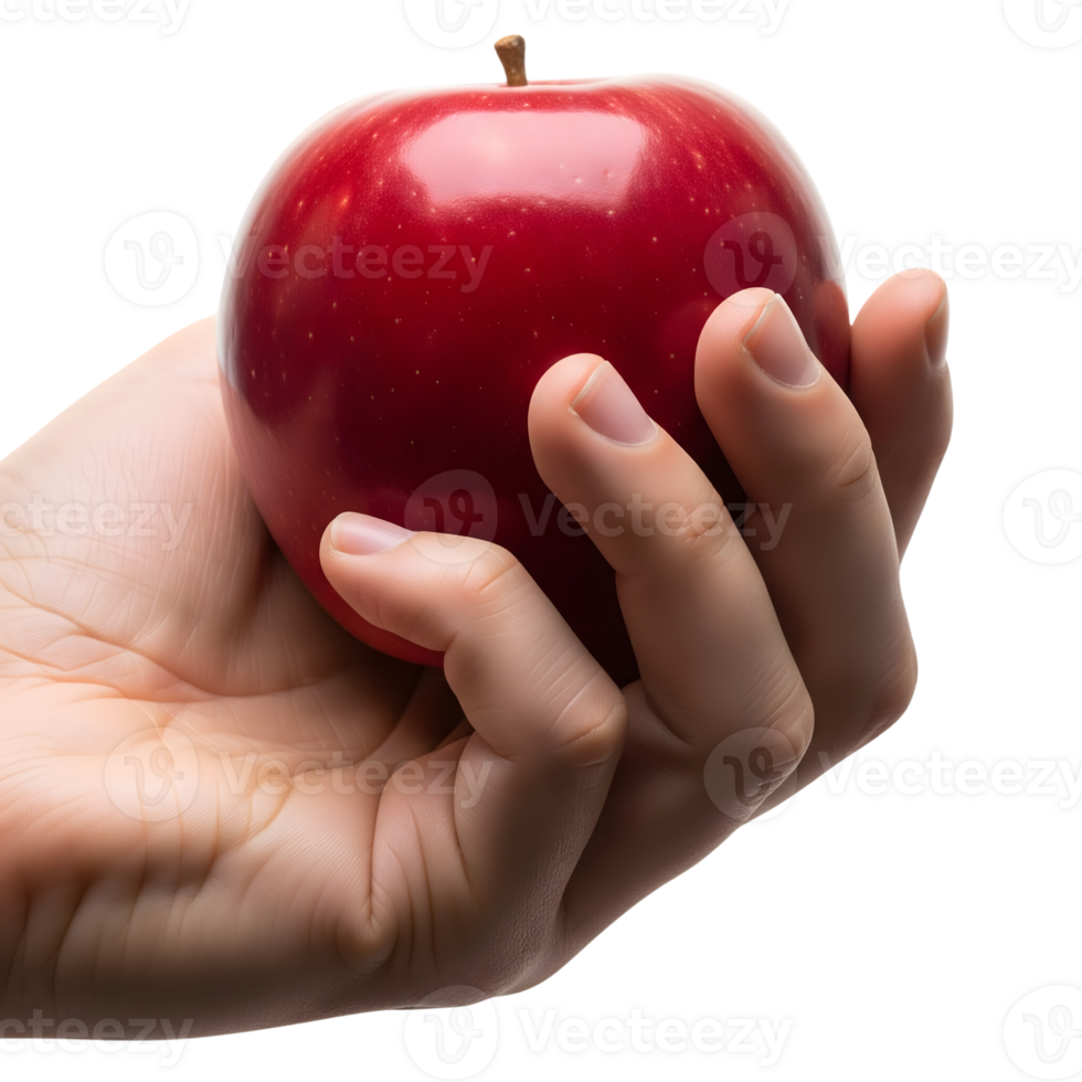 A hand is holding a shiny red apple isolated on transparent background png