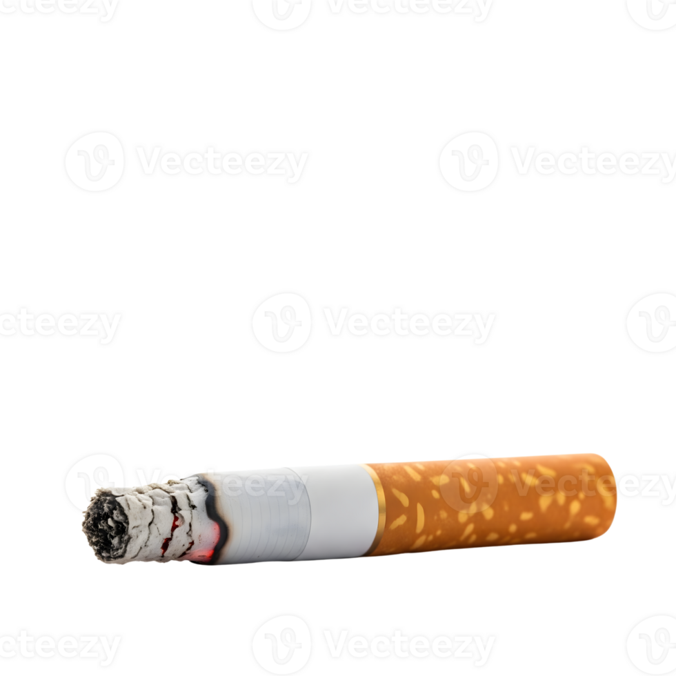 A lit cigarette with burning ash is lying horizontally isolated on transparent background, representing the dangers of smoking and tobacco use png