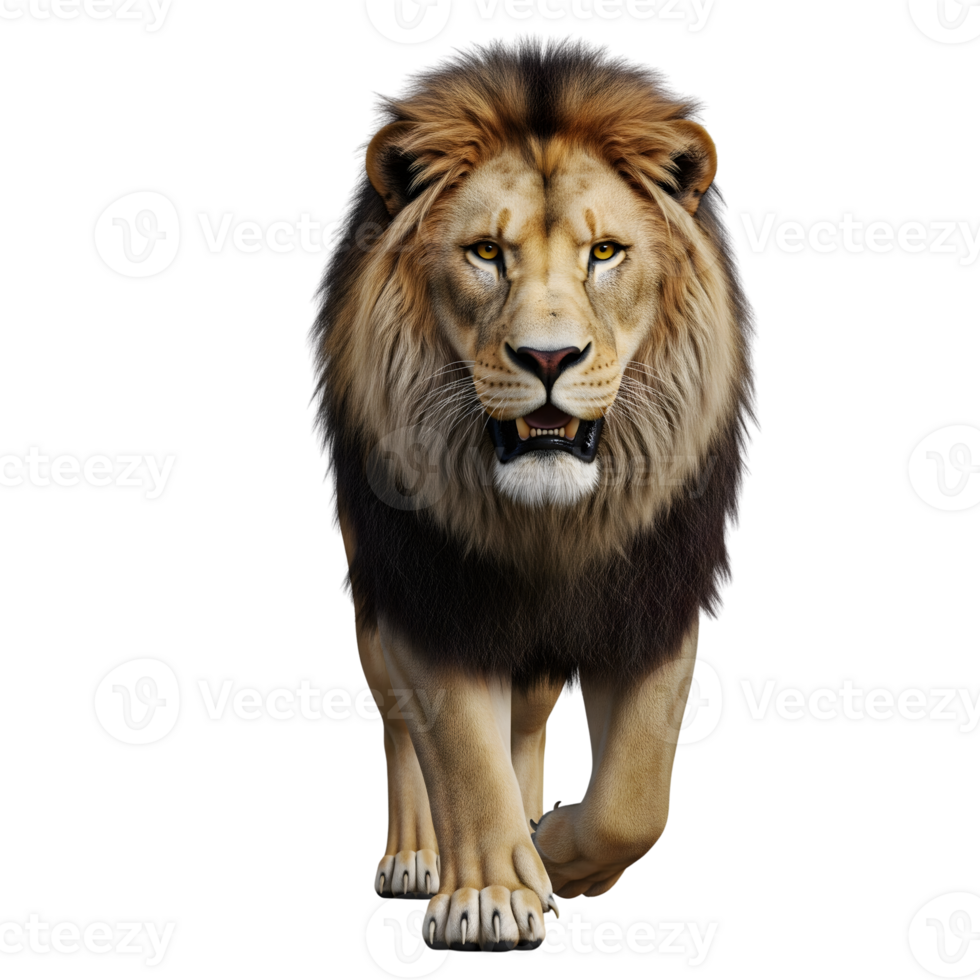 A majestic male lion walking forward isolated on transparent background, showcasing its powerful presence png