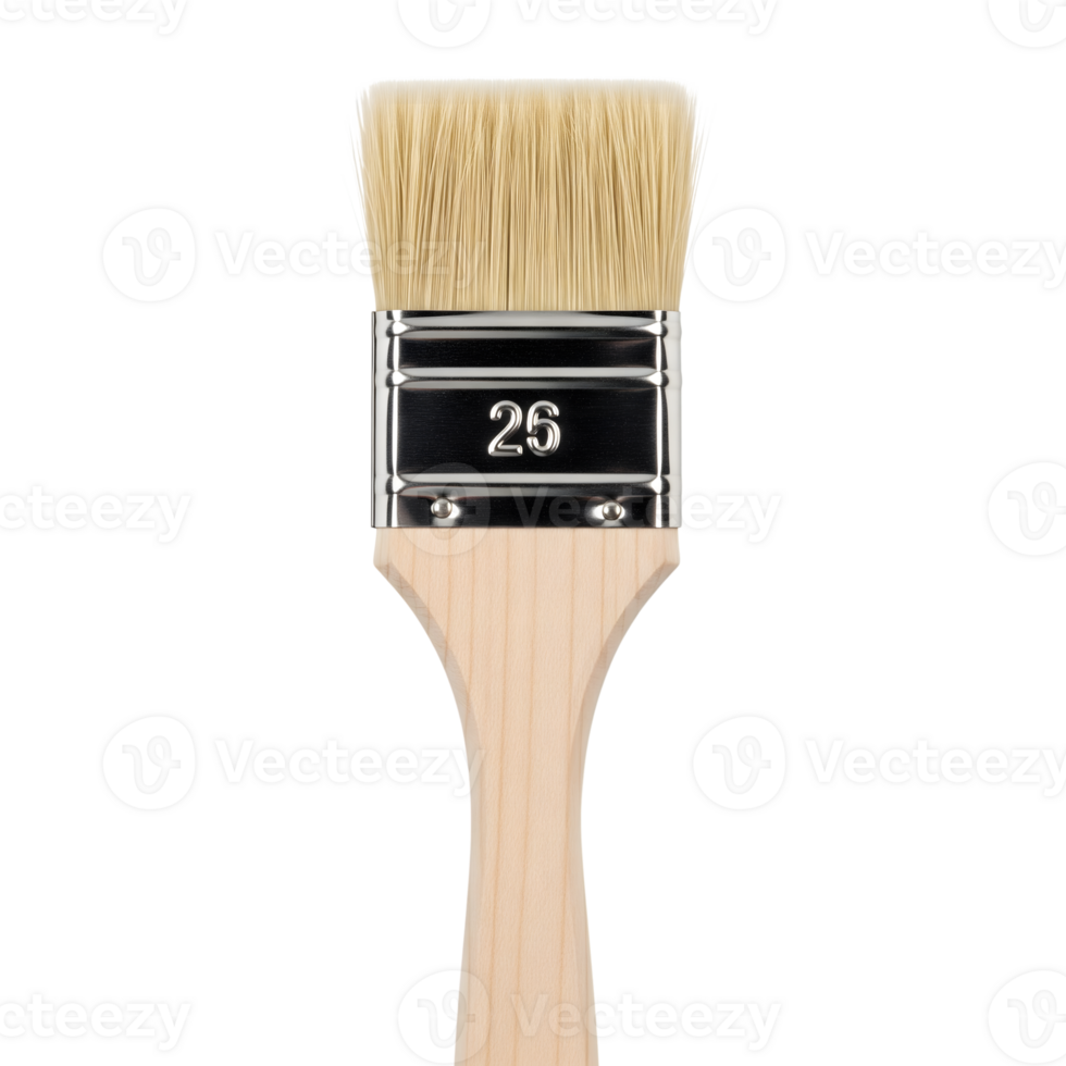 A new, unused paintbrush with a wooden handle and bristles sits isolated on transparent background, ready for an artist to create a masterpiece png