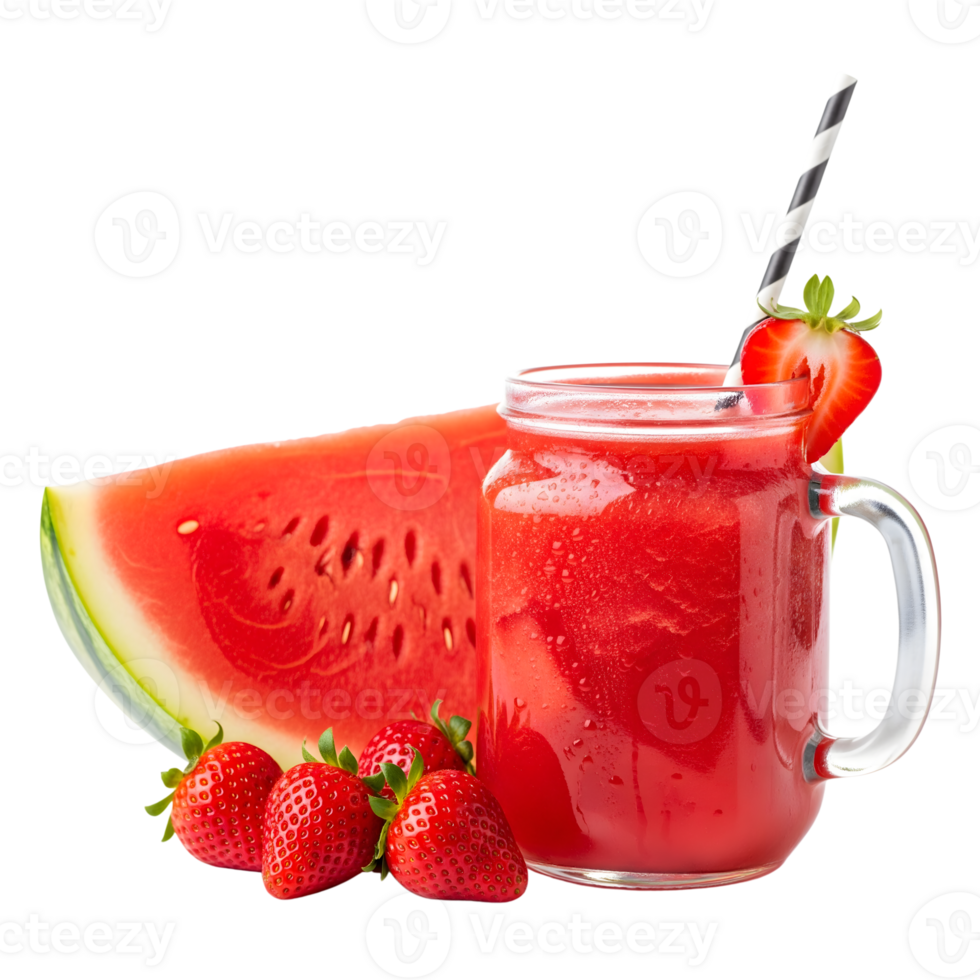 A refreshing watermelon and strawberry smoothie isolated on transparent background, garnished with a strawberry and a straw png