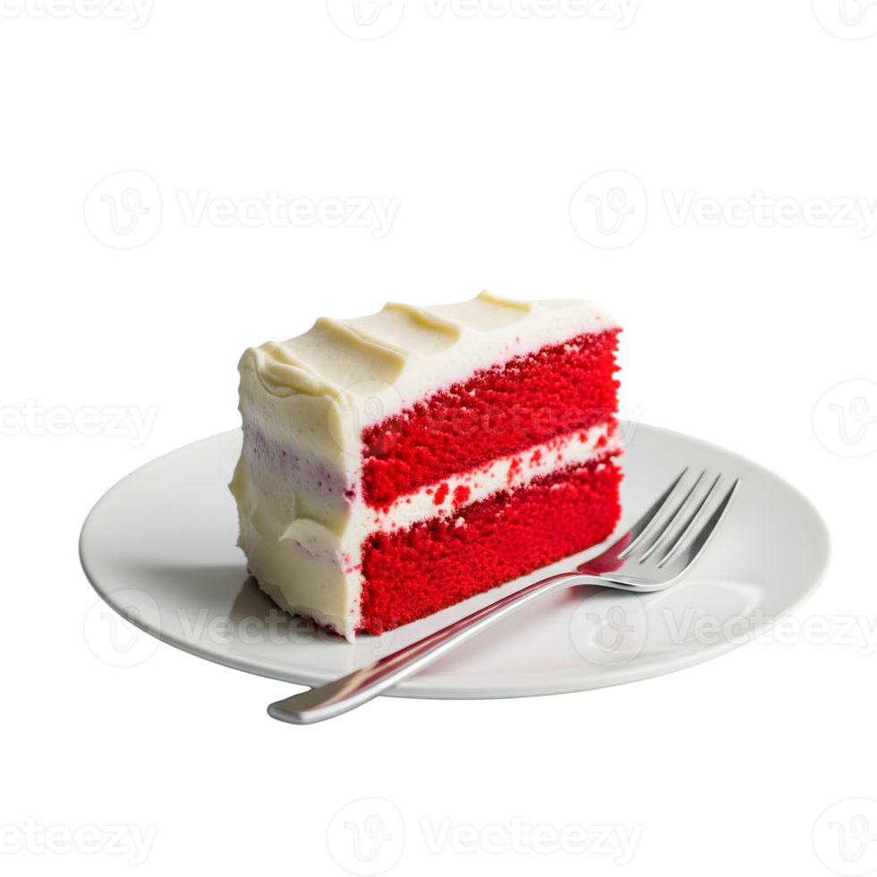 A slice of red velvet cake with white frosting sits on a white plate, isolated on transparent background png