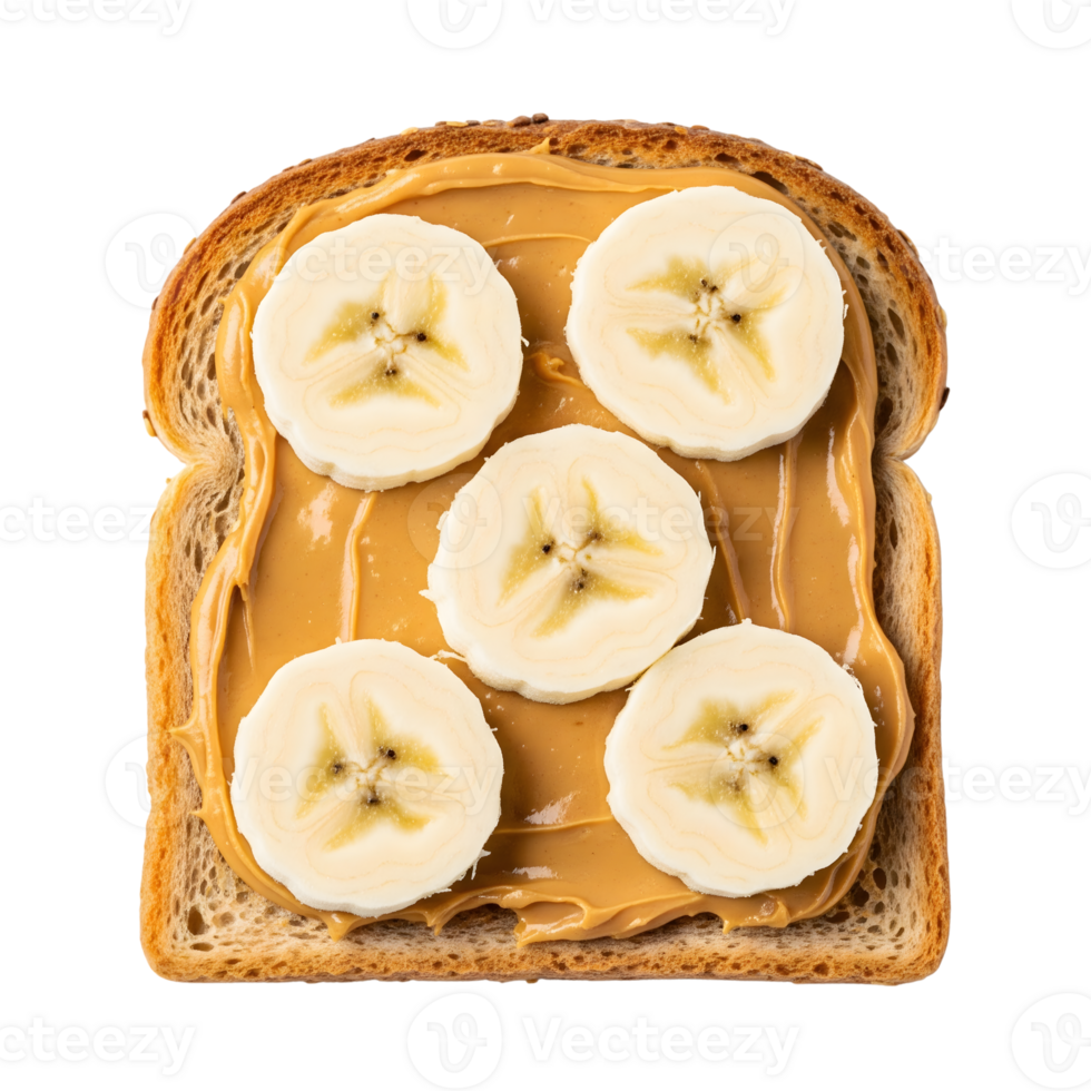 A slice of toast with peanut butter and banana isolated on transparent background png