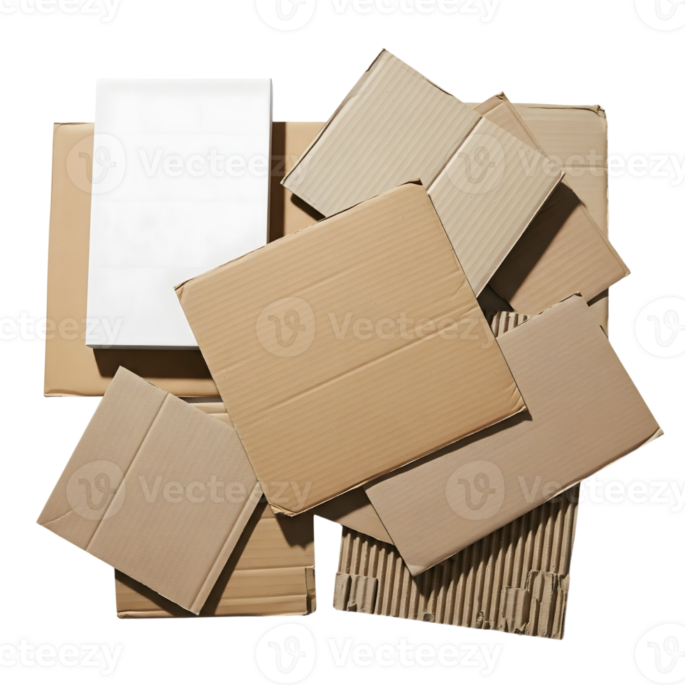 A stack of assorted cardboard boxes and sheets are piled together, isolated on transparent background png