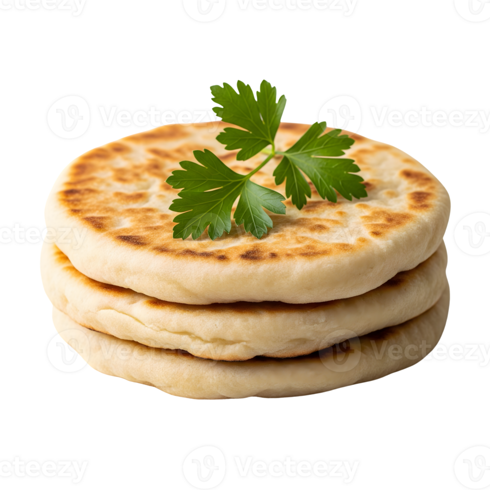 A stack of three golden flatbreads topped with fresh parsley isolated on transparent background png