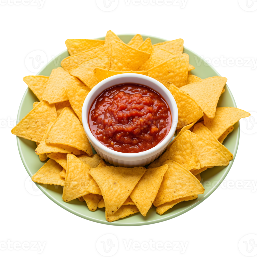 A plate of tortilla chips with salsa dip isolated on transparent background, perfect for a party png