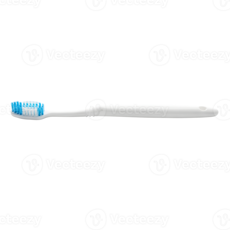 A white toothbrush with blue bristles is lying horizontally, isolated on transparent background png