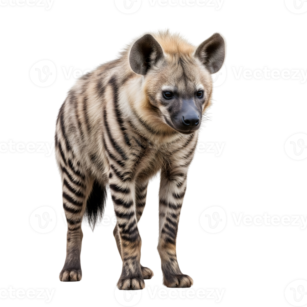 A striped hyena stands alert on a plain transparent background, its striped fur pattern clearly visible, isolated on transparent background png