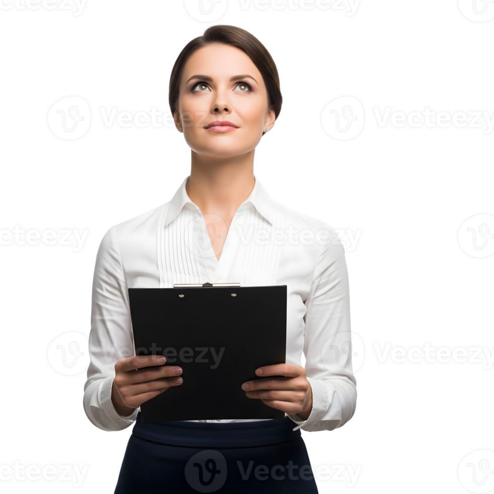 A thoughtful businesswoman with clipboard looks up, isolated on transparent background, embodying ambition and professional aspiration png
