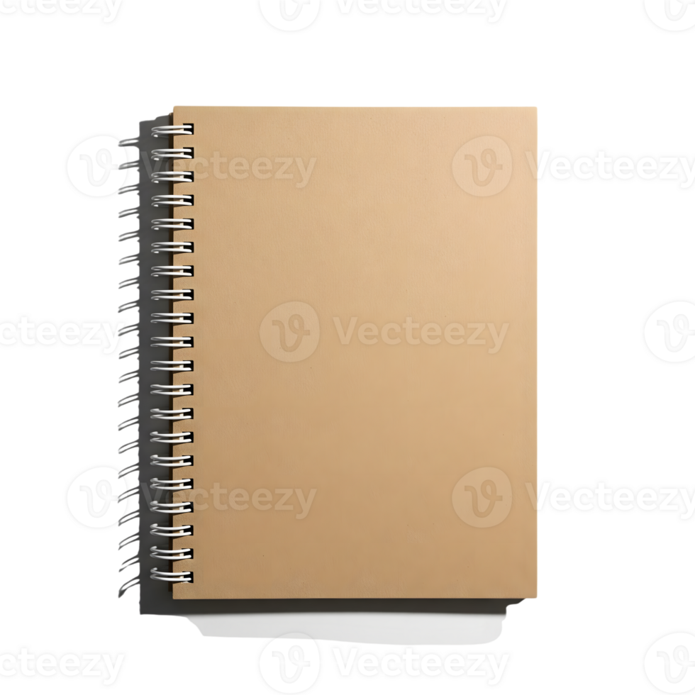 A tan spiral notebook sits ready for notes, isolated on transparent background png