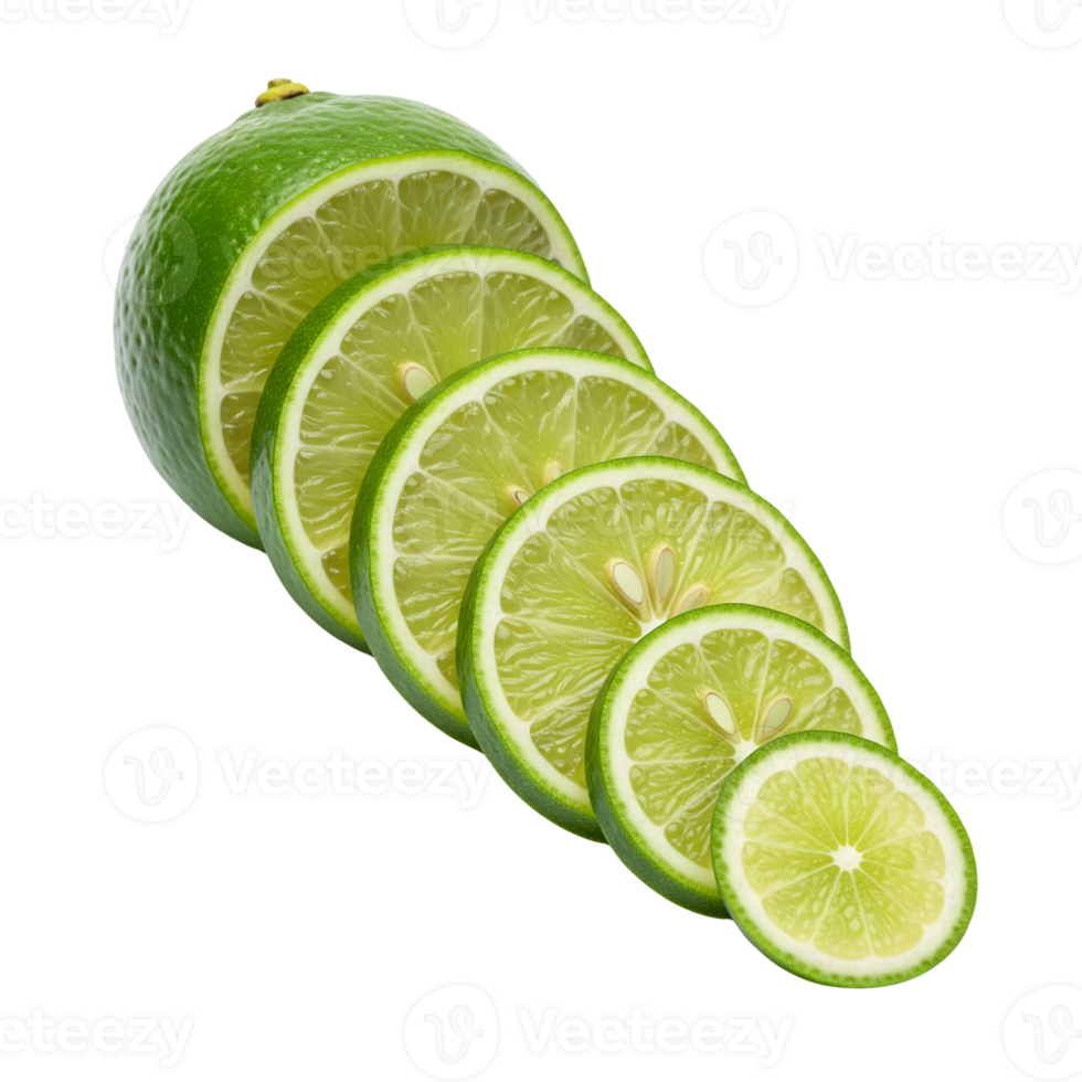 A vibrant arrangement of sliced limes isolated on transparent background showcases their juicy texture and refreshing green color png