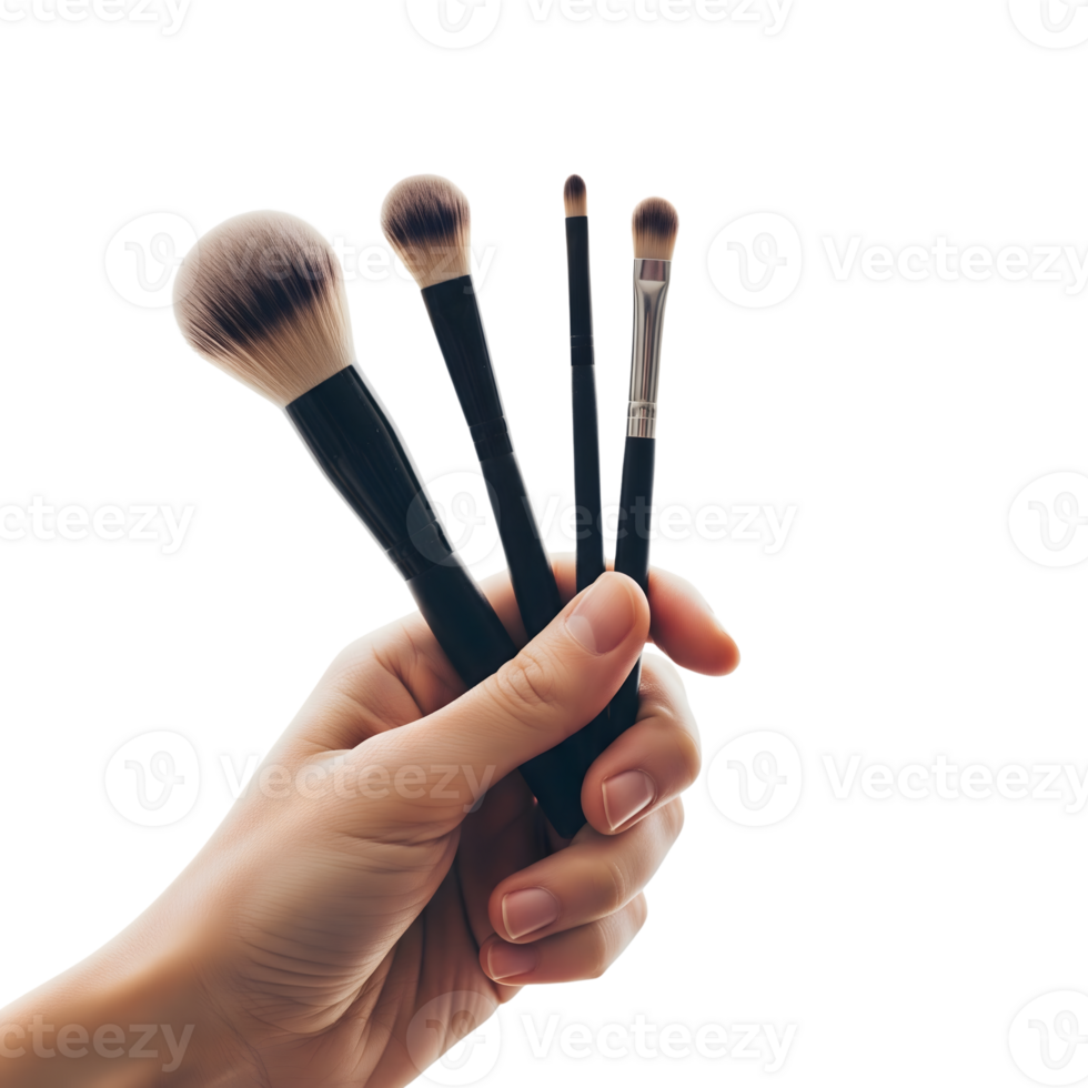 A womans hand holds a set of professional makeup brushes isolated on transparent background png