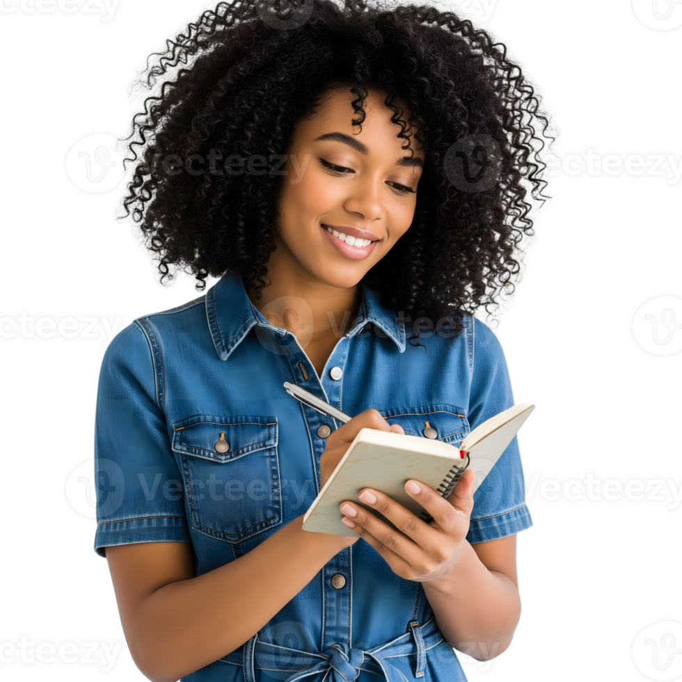 A young african american woman is writing in a notebook isolated on transparent background png