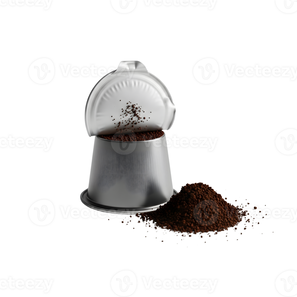 An opened coffee capsule with ground coffee isolated on transparent background, ready for brewing png