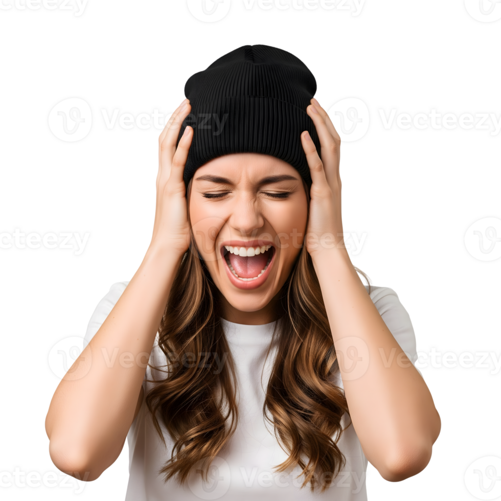 A young woman with a black beanie is screaming with her hands on her head isolated on transparent background png