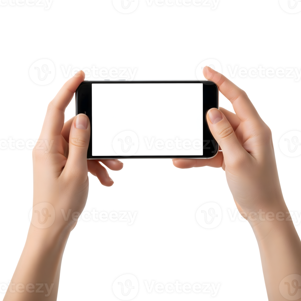 Hands are holding a smartphone with a blank white screen isolated on transparent background, ready for your content png