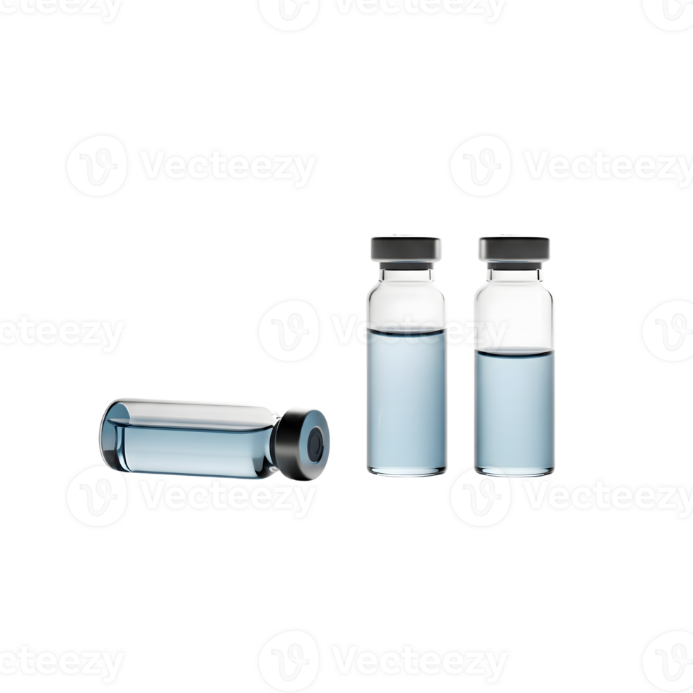Three glass vials filled with a blue liquid, isolated on transparent background, representing medicine and healthcare png
