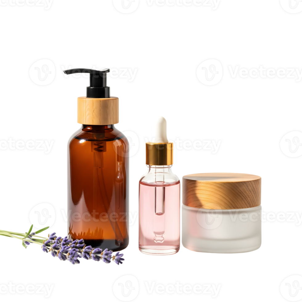 Three cosmetic bottles with lavender sprig isolated on transparent background showcase natural skincare products png
