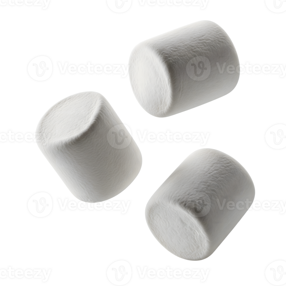 Three fluffy white marshmallows are floating on a transparent background, creating a simple and sweet scene isolated on transparent background png