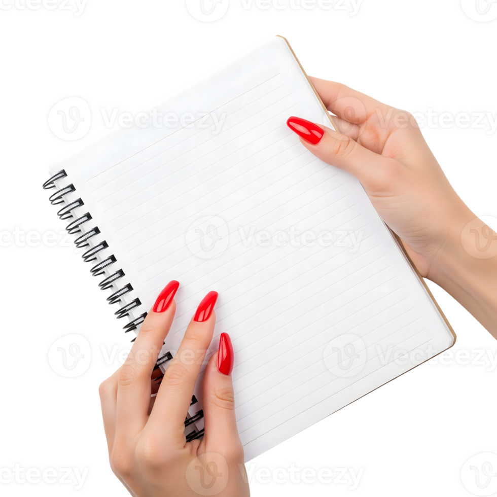 Womans hands with red nails holding a blank spiral notebook isolated on transparent background png