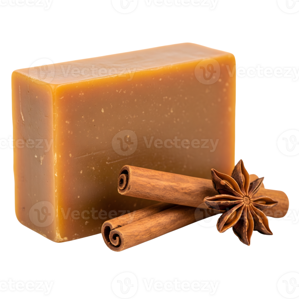 Aromatic cinnamon and anise soap bar, a natural and organic option for spa and skincare isolated on transparent background png