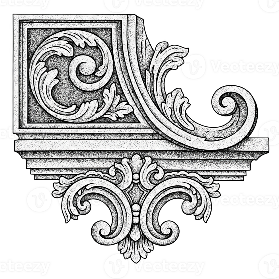 Intricate Black and White Stipple Architectural Ornament Rococo Style Corner Detail isolated on a transparent background png