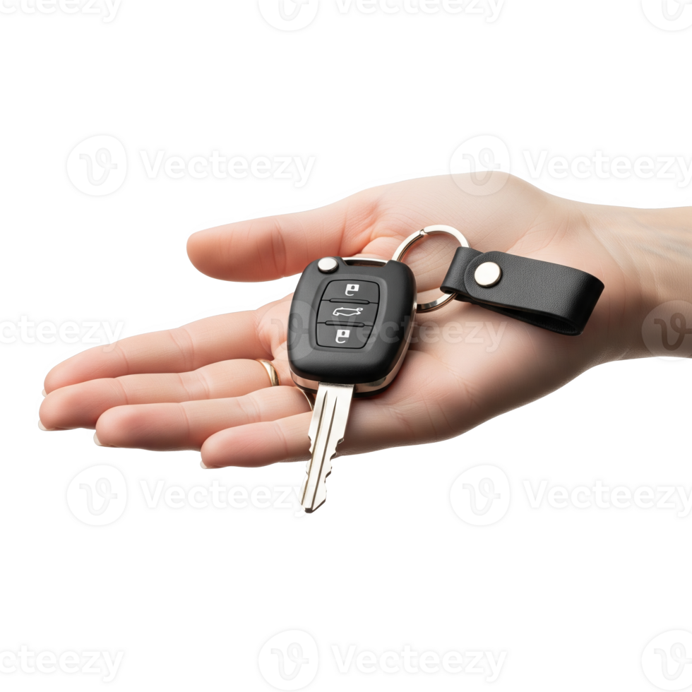 Hand holding a car key isolated on transparent background png