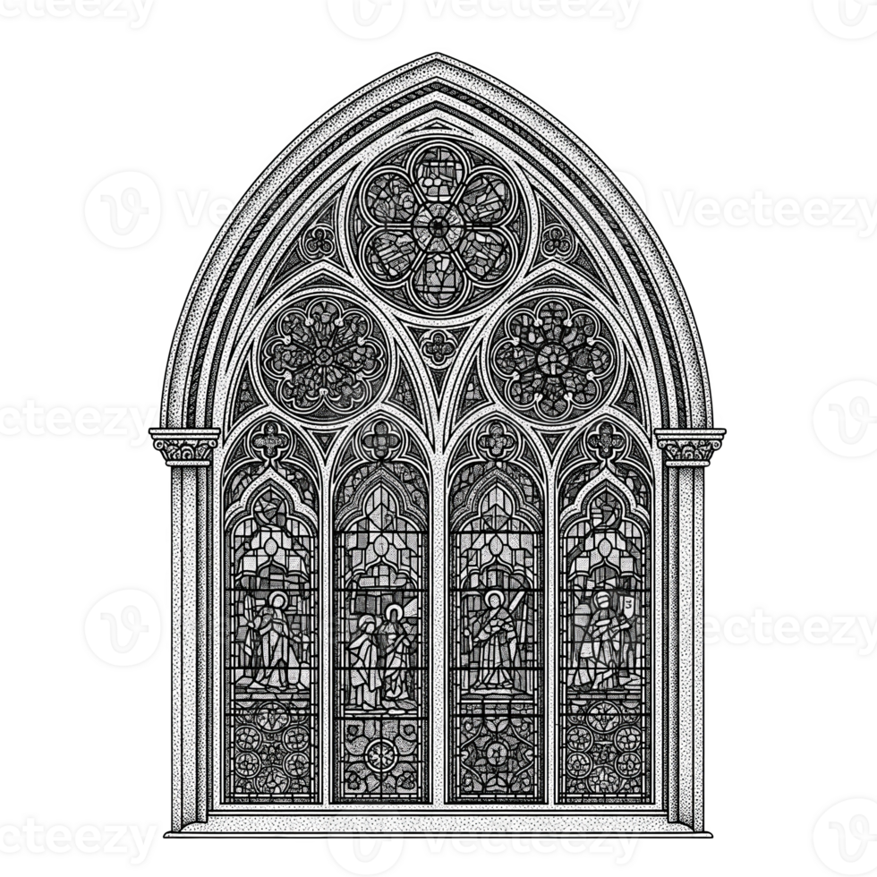Gothic Arch Window Stained Glass Detailed Line Art Black and White Religious Figures isolated on a transparent background png