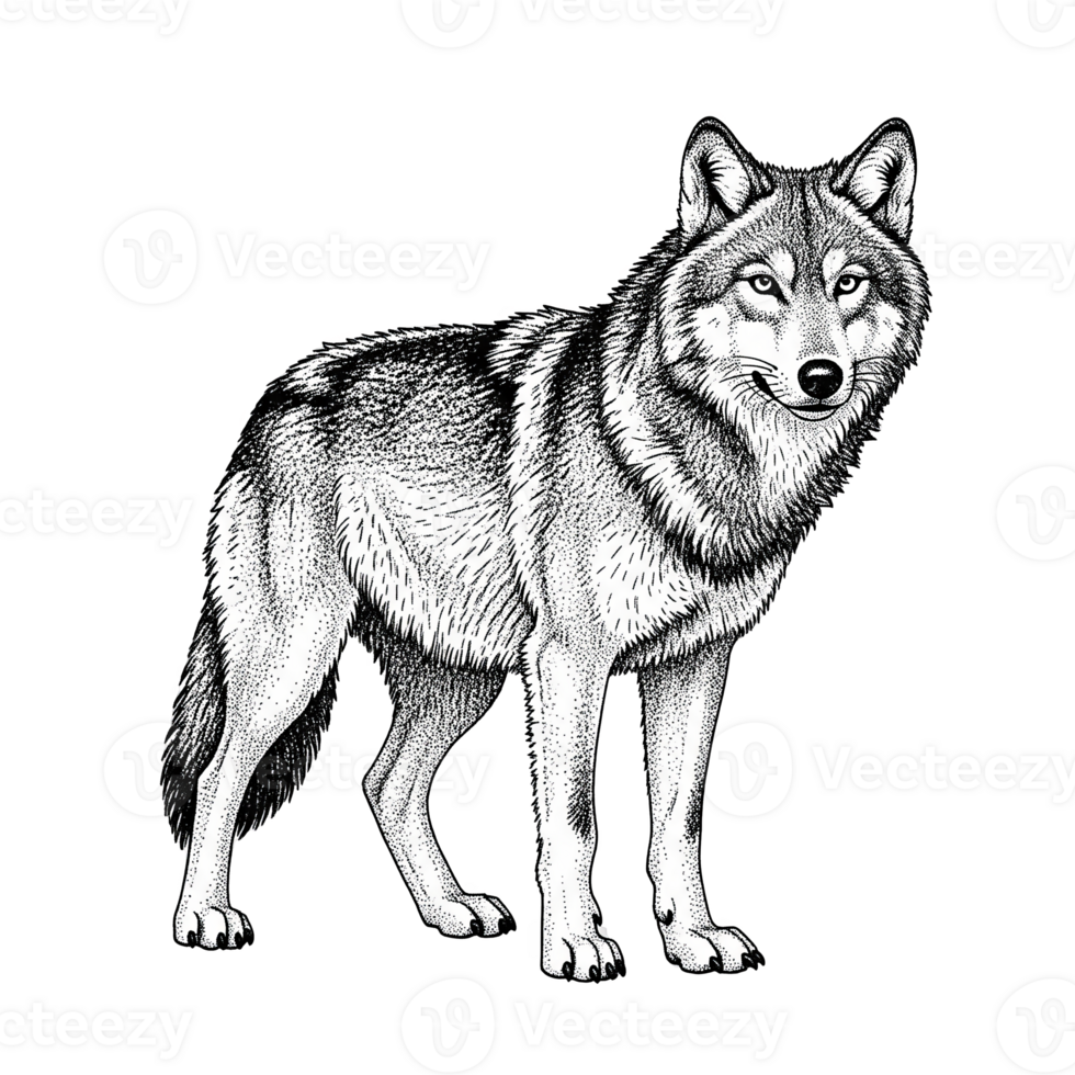 Gray Wolf Standing Profile Stippled Illustration Black White Animal Wildlife isolated on a transparent background png