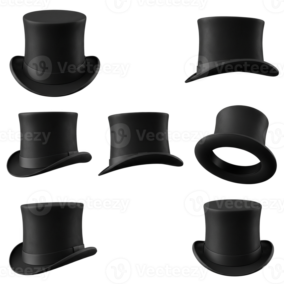 Nine black top hats various angles 3 D render isolated on a transparent background black hat png