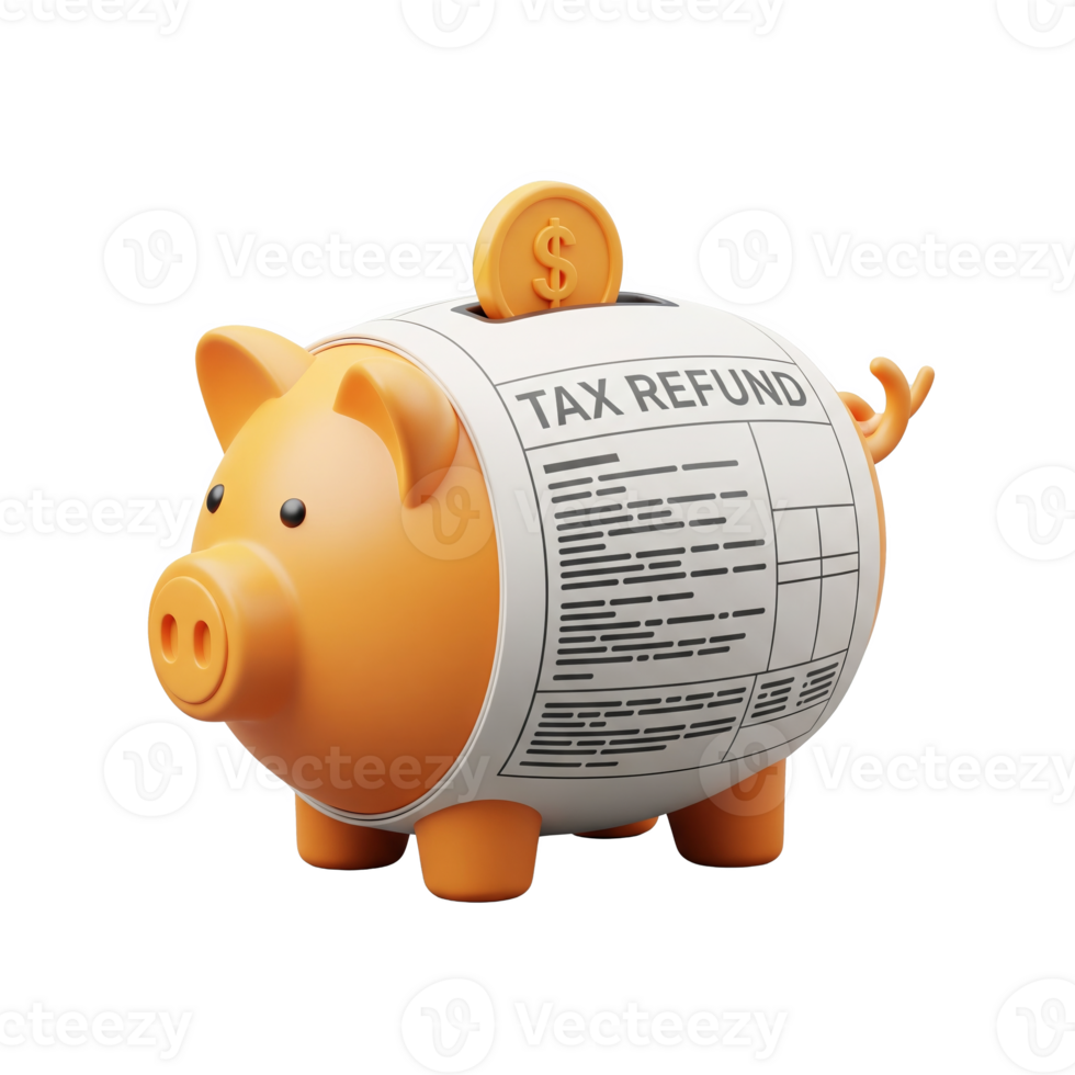Orange Piggy Bank Wrapped in Tax Refund Form with Gold Coin on Top isolated on a transparent background png