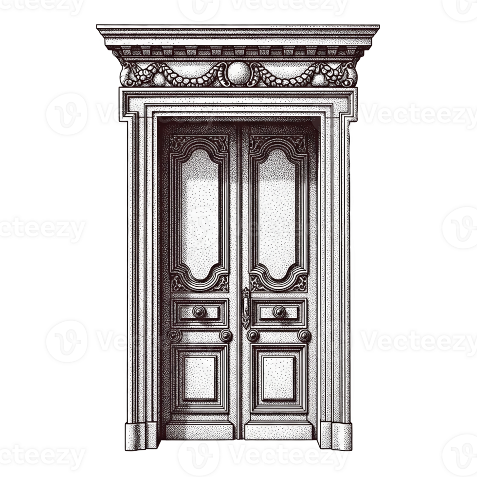 Ornate Double Door Stippled Engraving Grey White Black Architectural Entrance Isolated on a transparent background png