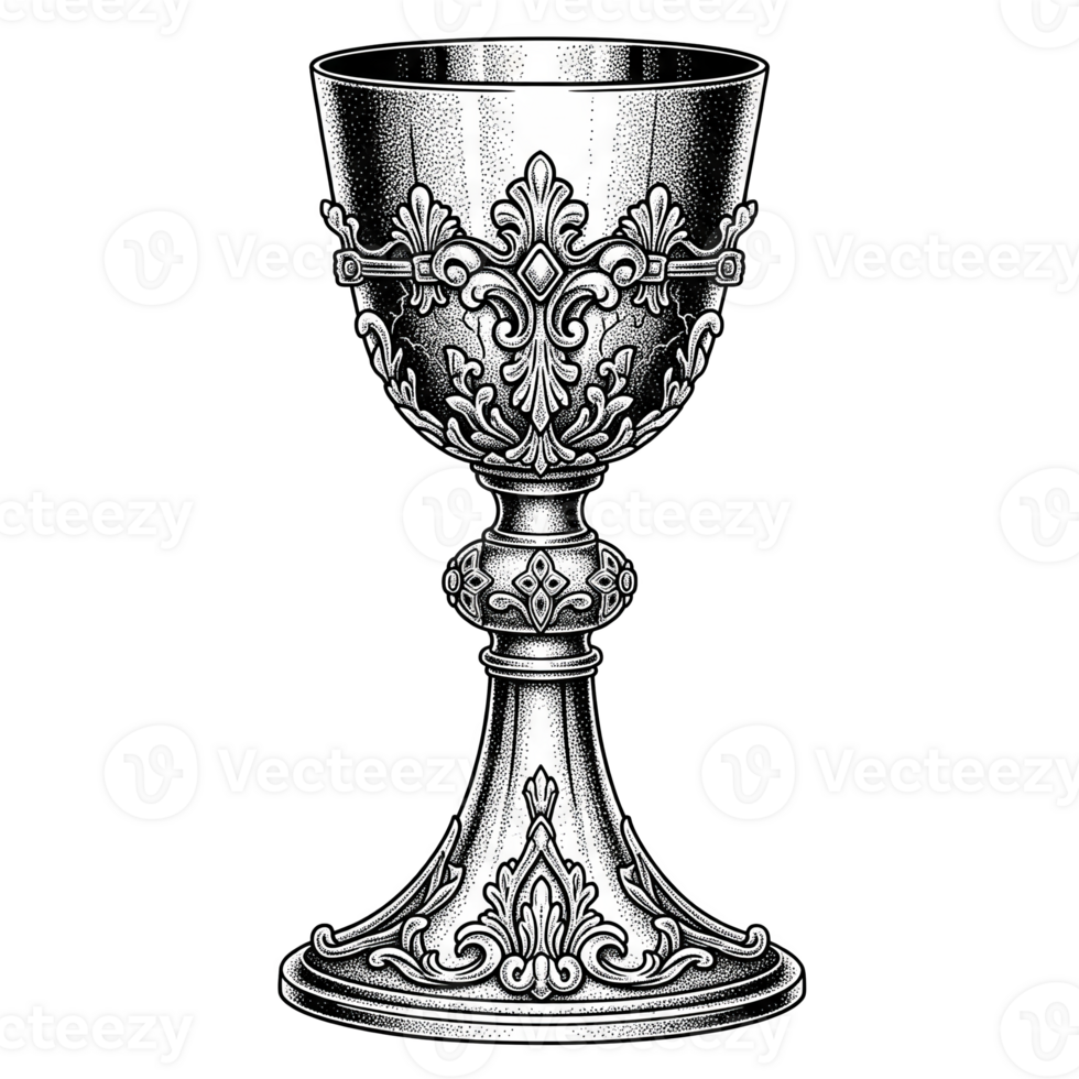 Ornate Silver Chalice with Intricate Floral Design and Stippled Texture isolated on a transparent background png