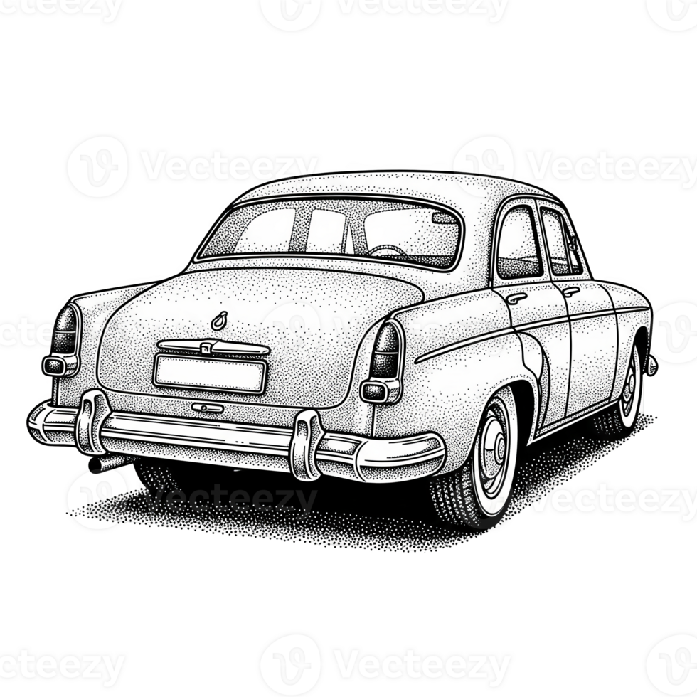 Rear View Stippled Illustration of a Classic White Sedan Automobile isolated on a transparent background png