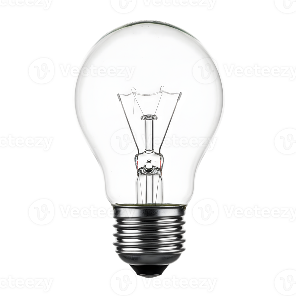 A clear glass lightbulb with a visible filament stands isolated on transparent background png