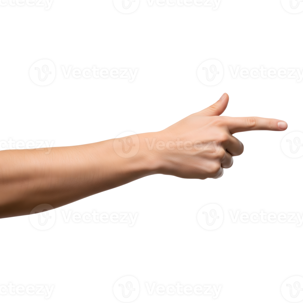 A caucasian hand is pointing a finger forward, isolated on transparent background png