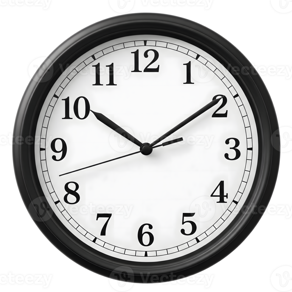 A classic black and white analog clock shows ten after two isolated on transparent background png
