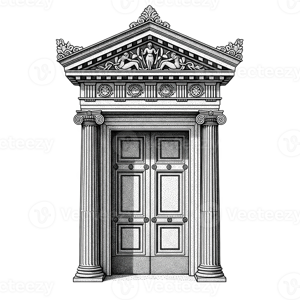 Classical Style Double Doorway with Intricate Pediment and Ionic Columns isolated on a transparent background png