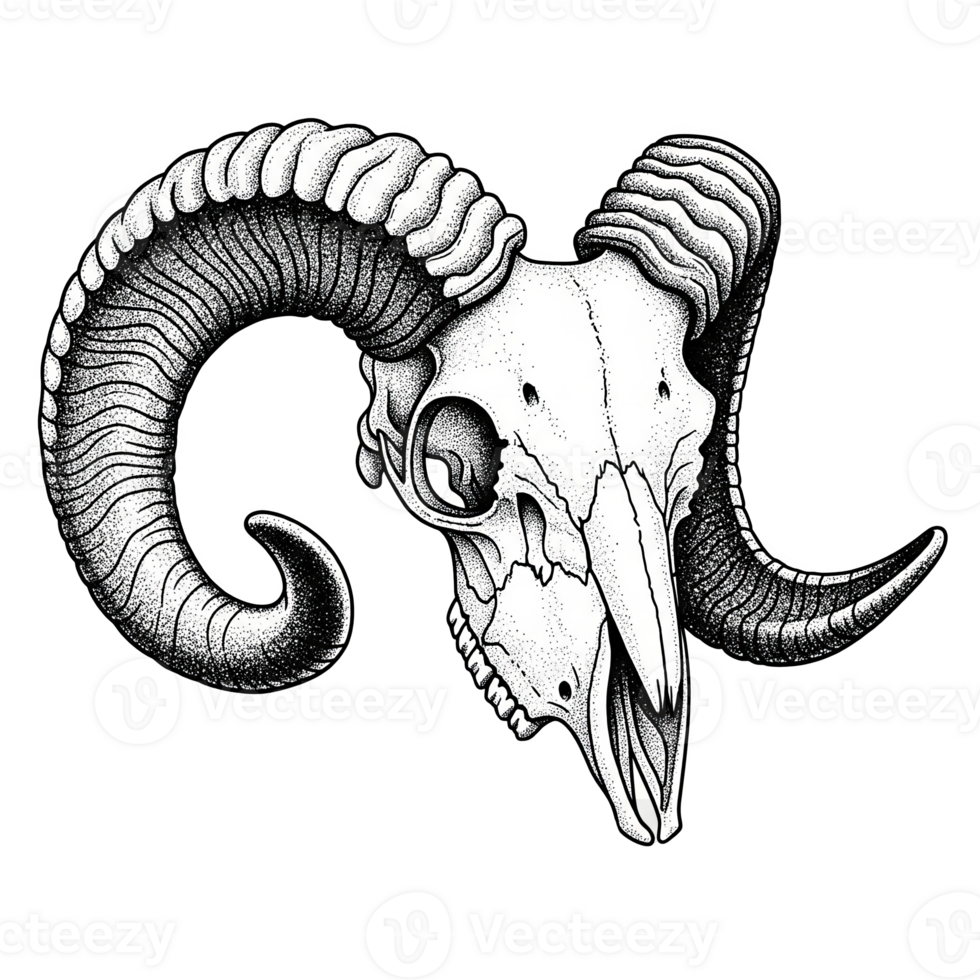 Detailed Stippled Ram Skull with Large Curving Horns Black and White Illustration isolated on a transparent background png