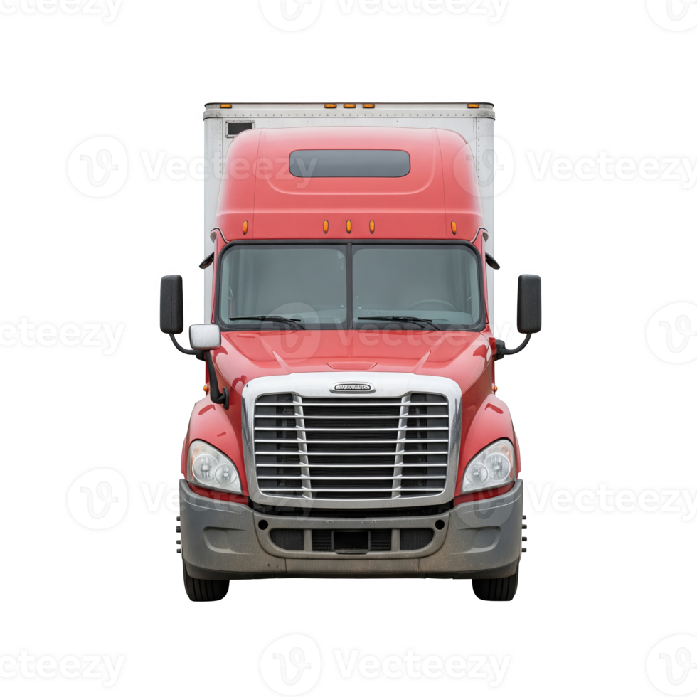 Front view of a red freightliner semi truck isolated on transparent background png