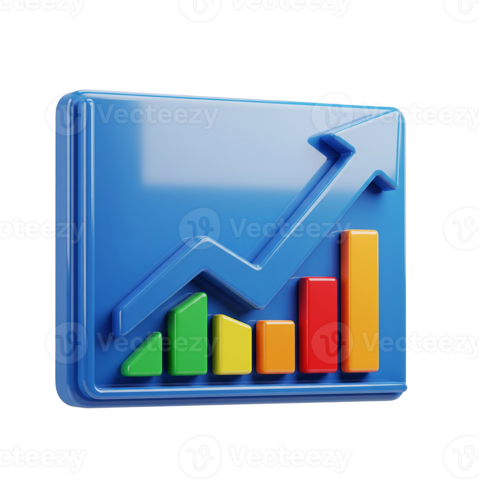 A vibrant 3d graph icon with rising bars and arrow, isolated on transparent background png