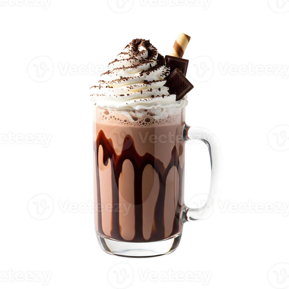 A decadent chocolate milkshake with whipped cream and chocolate pieces, isolated on transparent background, a sweet indulgence png
