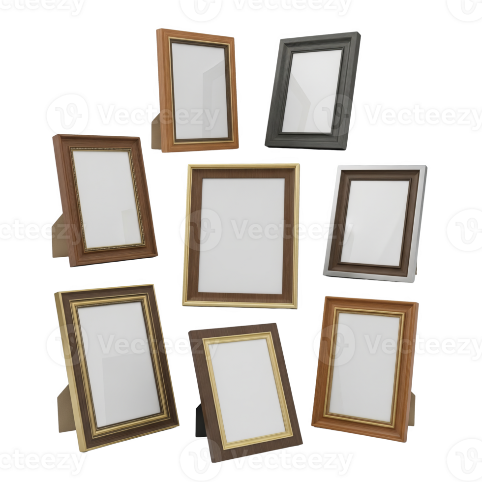 Eight Empty Picture Frames Various Wood Tones and Metal Accents Isolated on a transparent background png