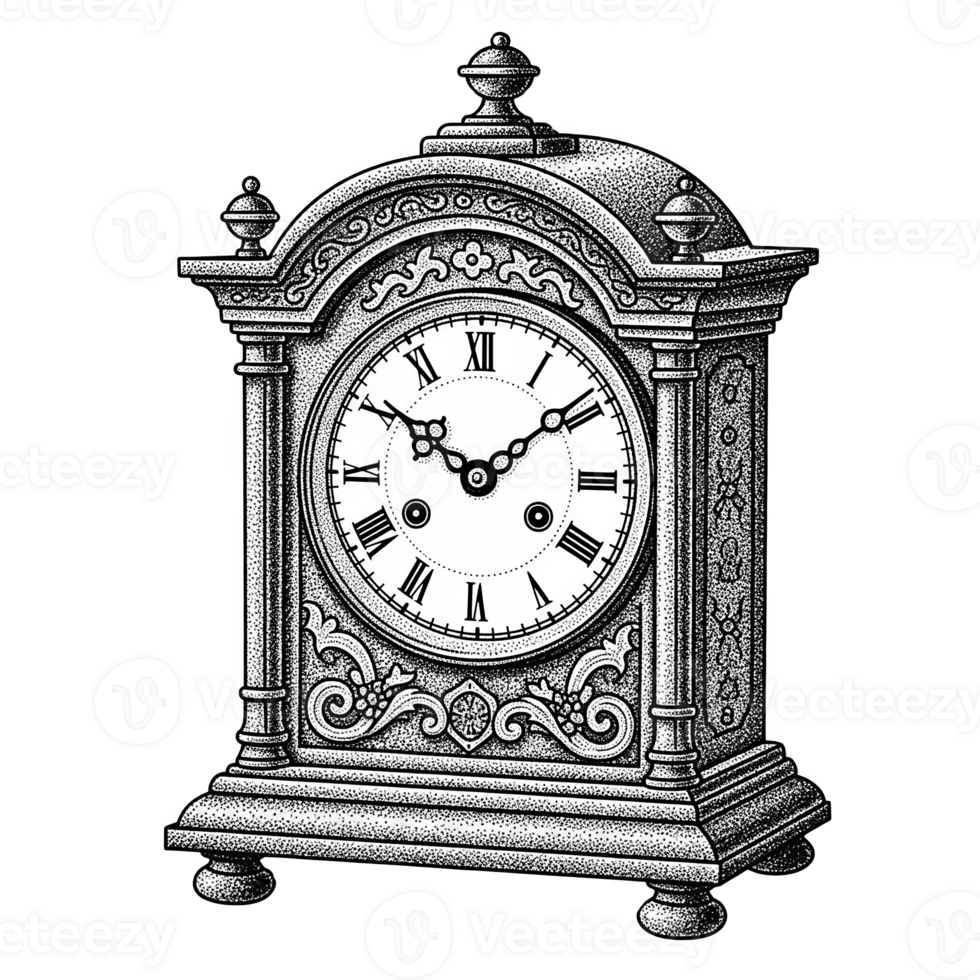 Antique Mantel Clock Stippled Illustration Black and White Roman Numerals Ornate Design isolated on a transparent background png