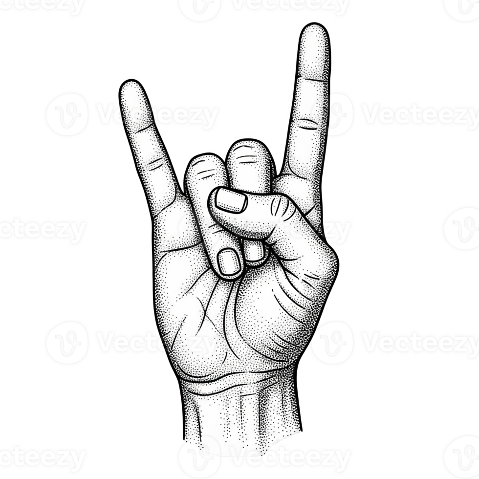 Stippled Illustration of a Hand Forming the Rock On Hand Gesture isolated on a transparent background png